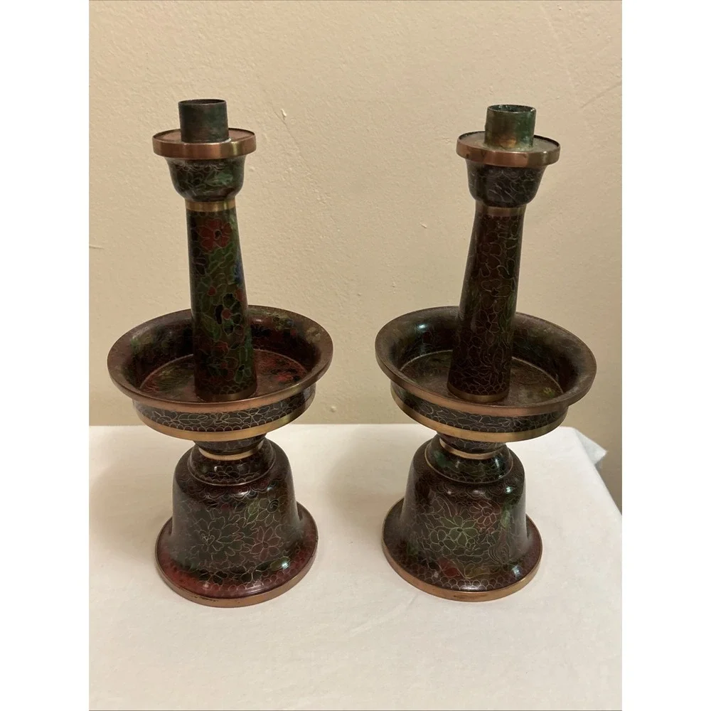 Vintage Chinese Cloisonne Floral Candlesticks Copper Brass 10.5 Inch Set of 2